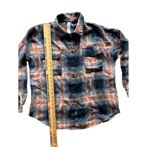 Women's plaid button down collared shirt. Size Small. Orange/brown/black. - Picture 6 of 6